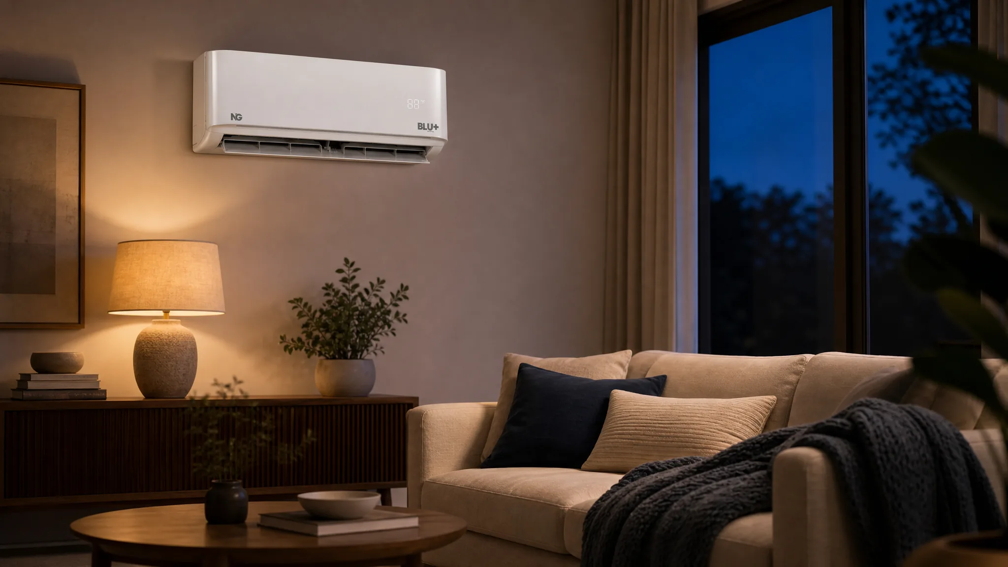 NG BLU+ mini-split in a warm living room at dusk
