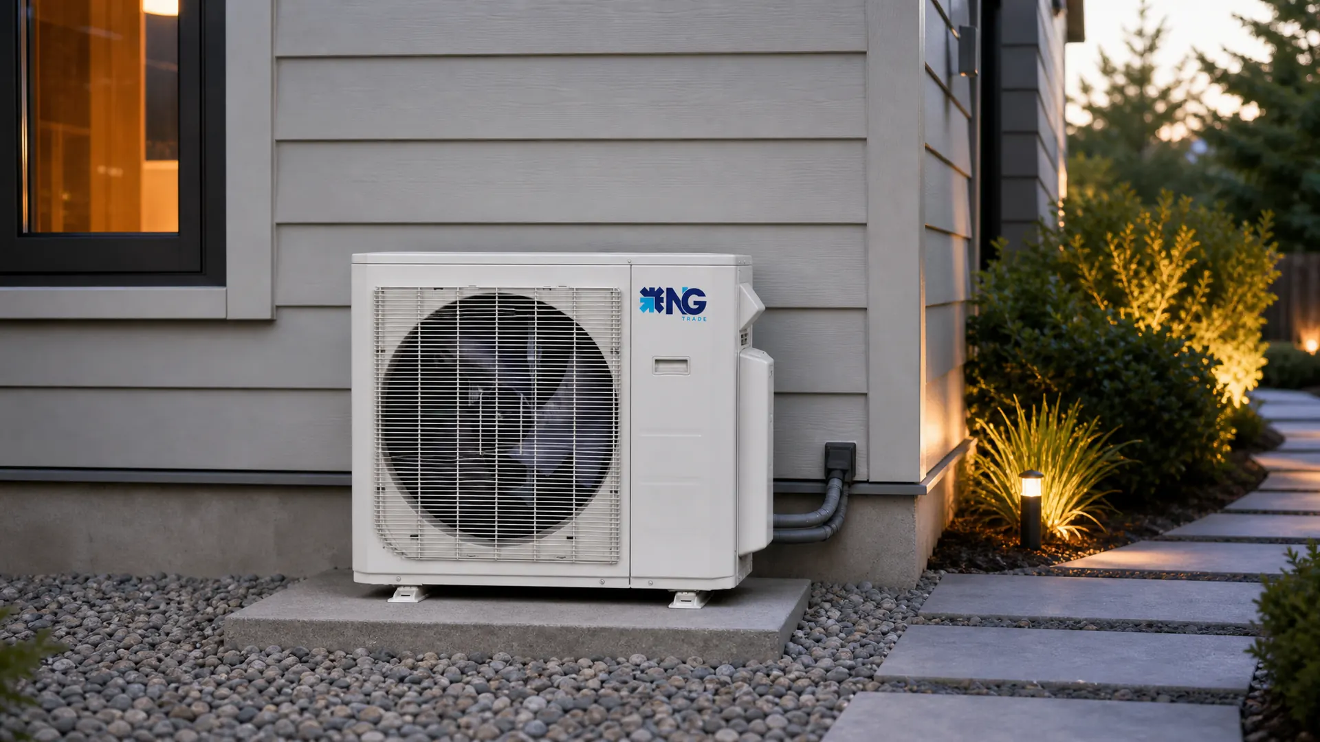NG TRADE condenser installed beside a home at dusk