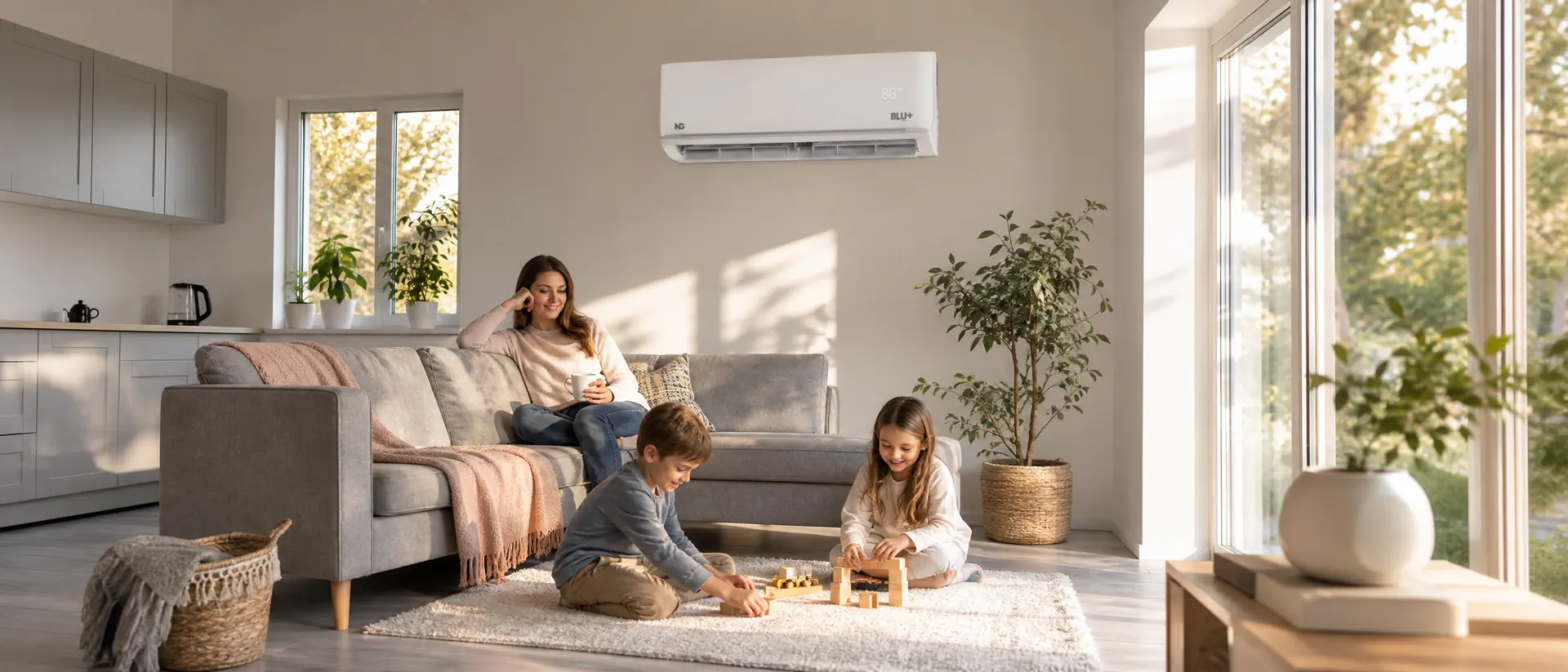 Family at home with an NG BLU+ unit on the wall